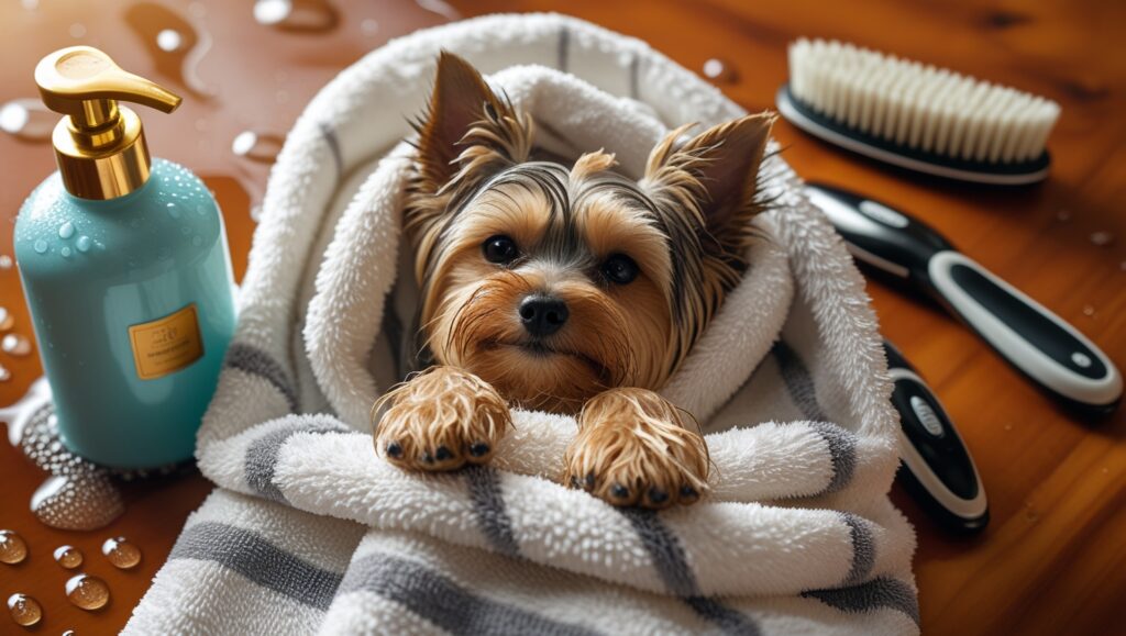 A adorable Yorkshire terrier, fresh from a bath, snuggled up in a plush, white towel with subtle grey stripes, its tiny paws and nose peeking out, surrounded by a neatly arranged grooming station featuring a porcelain-blue shampoo bottle with a golden cap, a sleek black